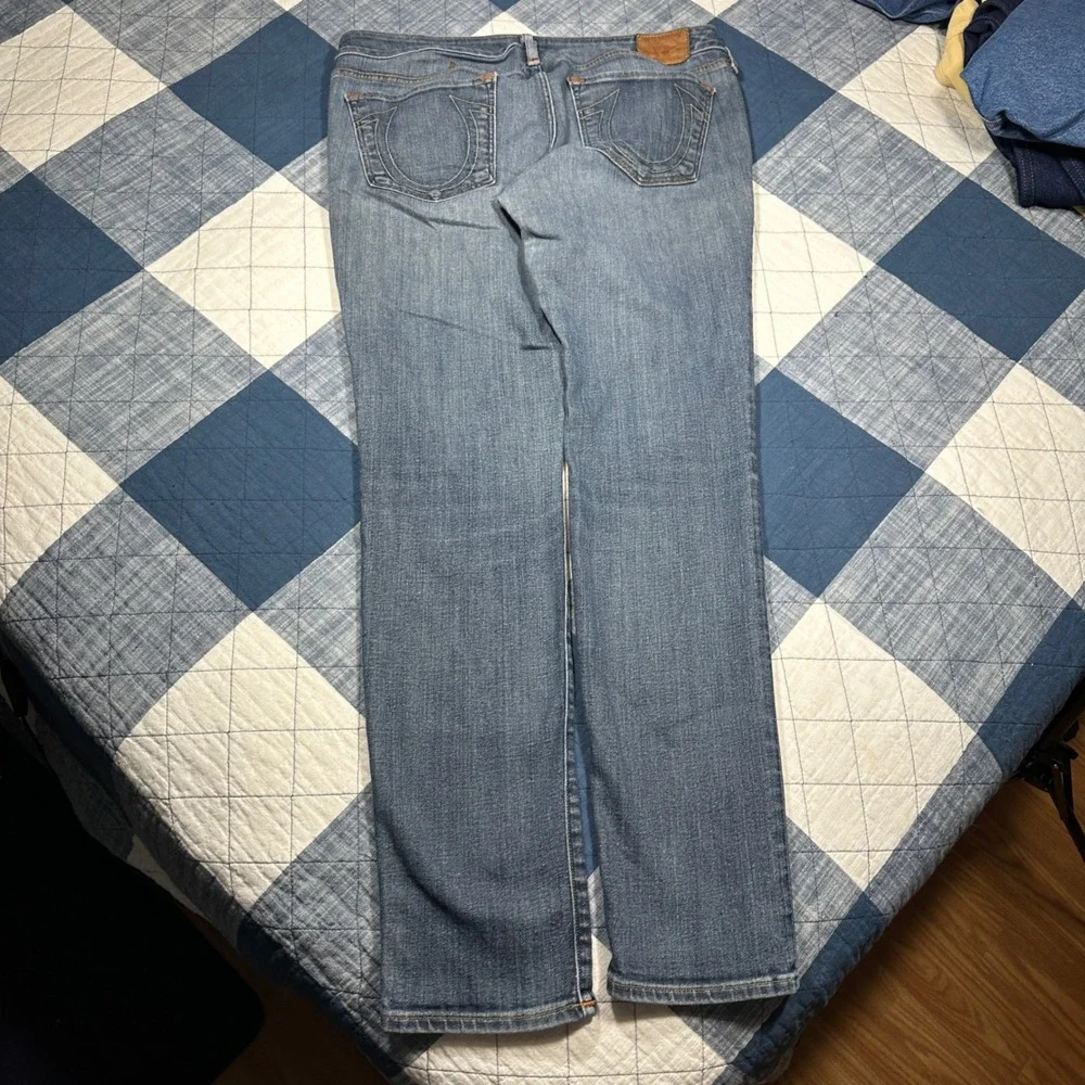 True Religion Brand Jeans Mens 32 Straight Leg Blue Denim Made in USA Low Rise